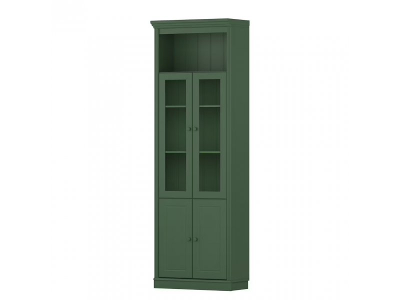 Estante alta com 2,20m para biblioteca com porta de vidro e porta de madeira na cor verde| coleção biblioteca